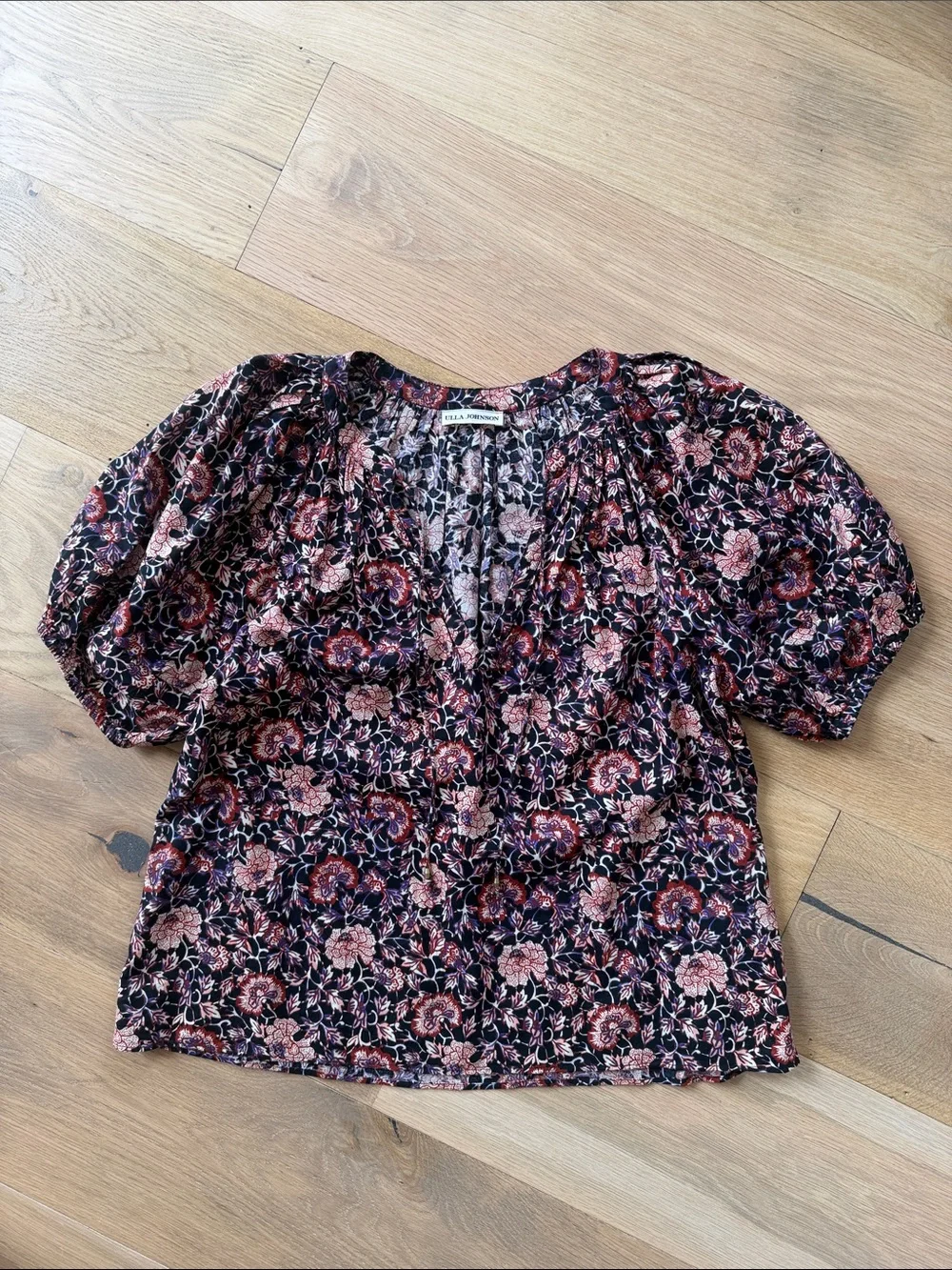 Ulla Johnson Floral Puff-Sleeve Tie-Neck Blouse